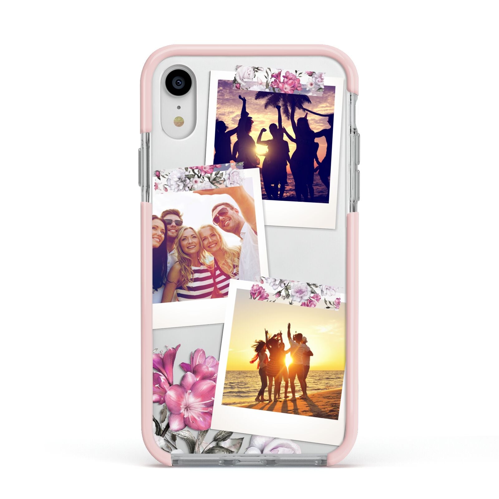 Floral Photo Montage Upload Apple iPhone XR Impact Case Pink Edge on Silver Phone