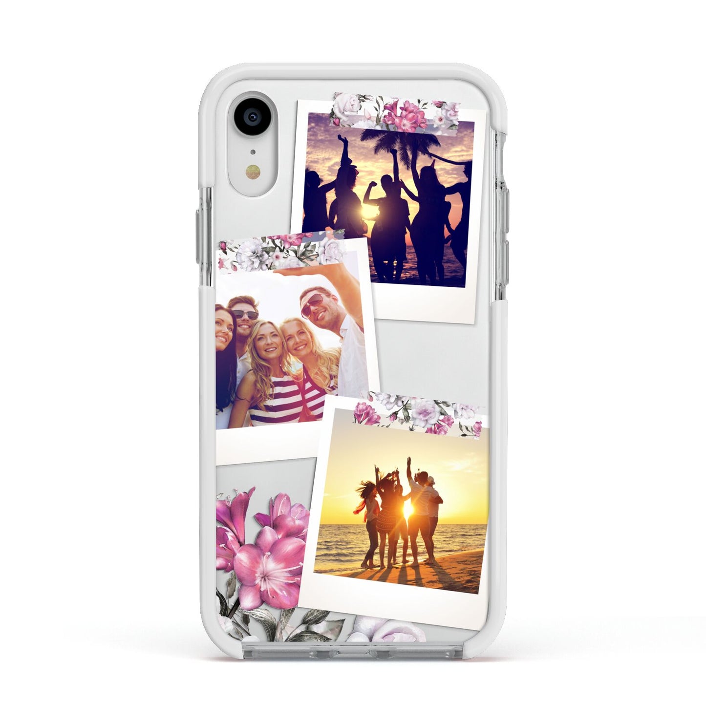 Floral Photo Montage Upload Apple iPhone XR Impact Case White Edge on Silver Phone