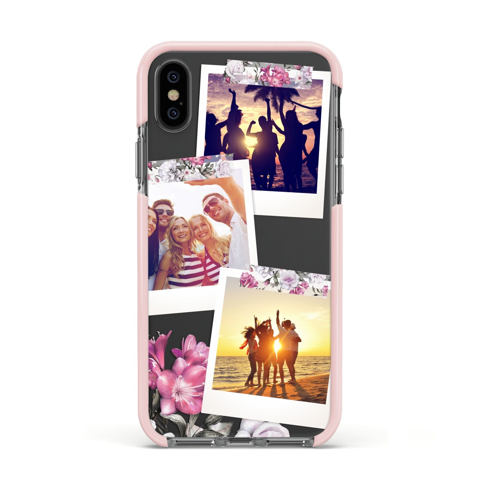 Floral Photo Montage Upload Apple iPhone Xs Impact Case Pink Edge on Black Phone