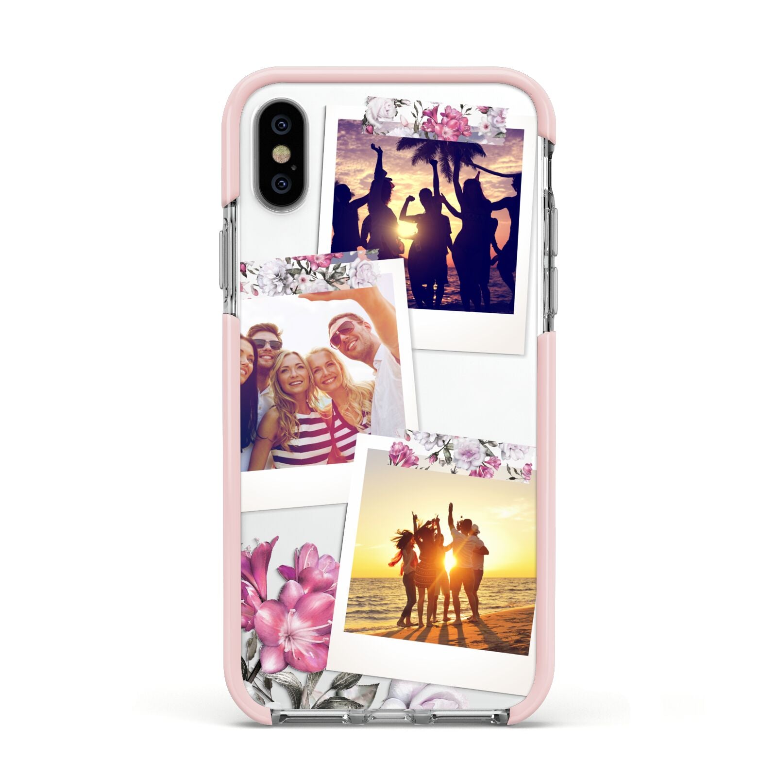 Floral Photo Montage Upload Apple iPhone Xs Impact Case Pink Edge on Silver Phone
