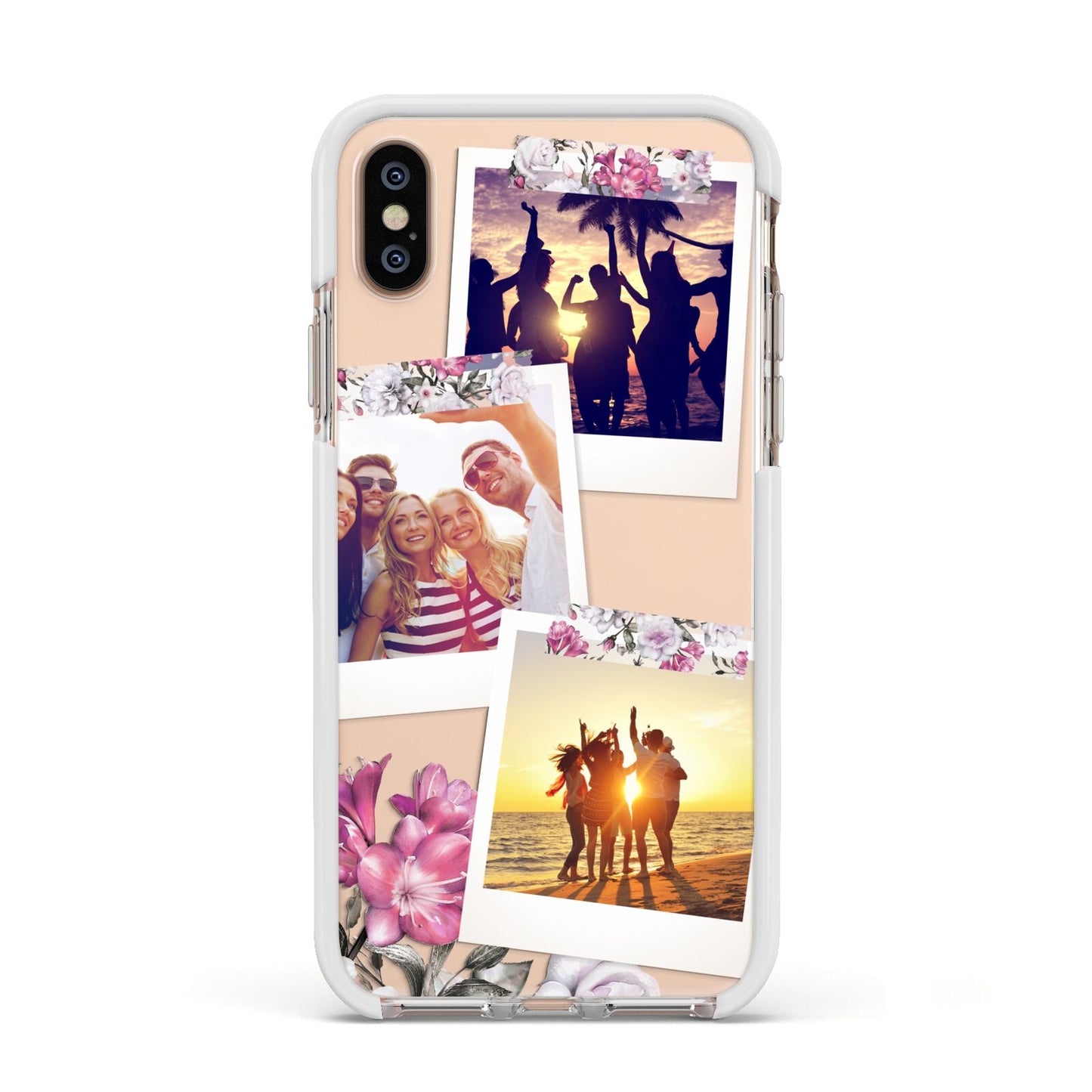 Floral Photo Montage Upload Apple iPhone Xs Impact Case White Edge on Gold Phone