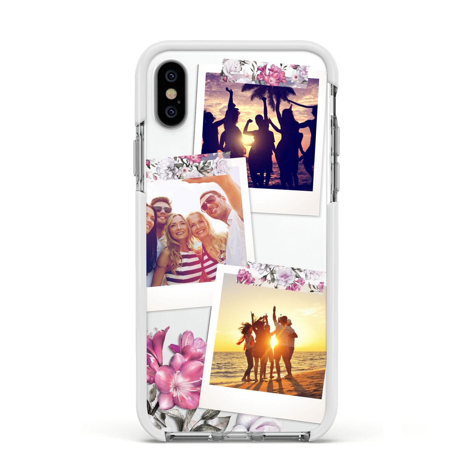 Floral Photo Montage Upload Apple iPhone Xs Impact Case White Edge on Silver Phone