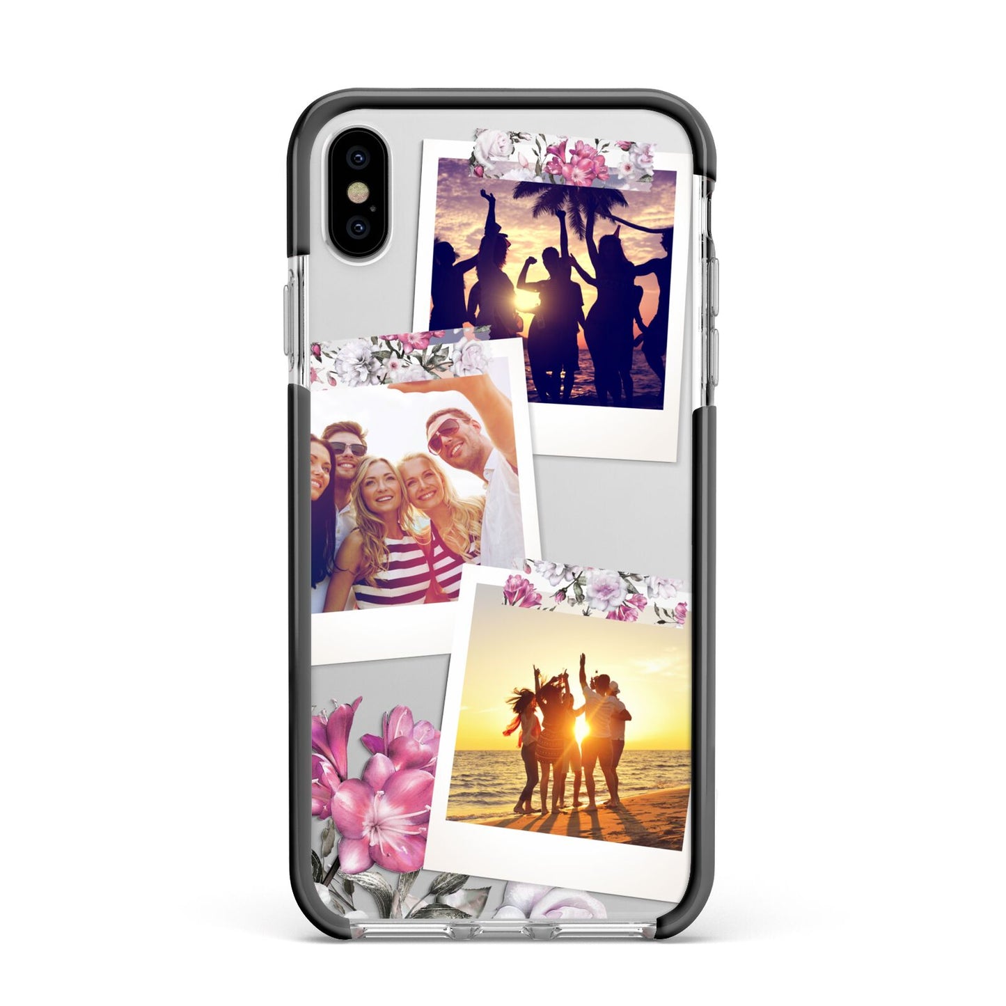 Floral Photo Montage Upload Apple iPhone Xs Max Impact Case Black Edge on Silver Phone