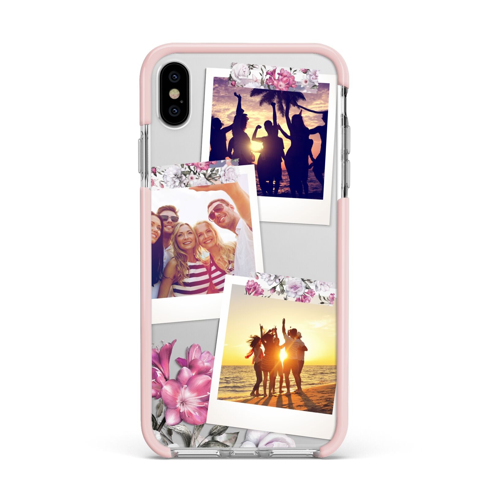 Floral Photo Montage Upload Apple iPhone Xs Max Impact Case Pink Edge on Silver Phone