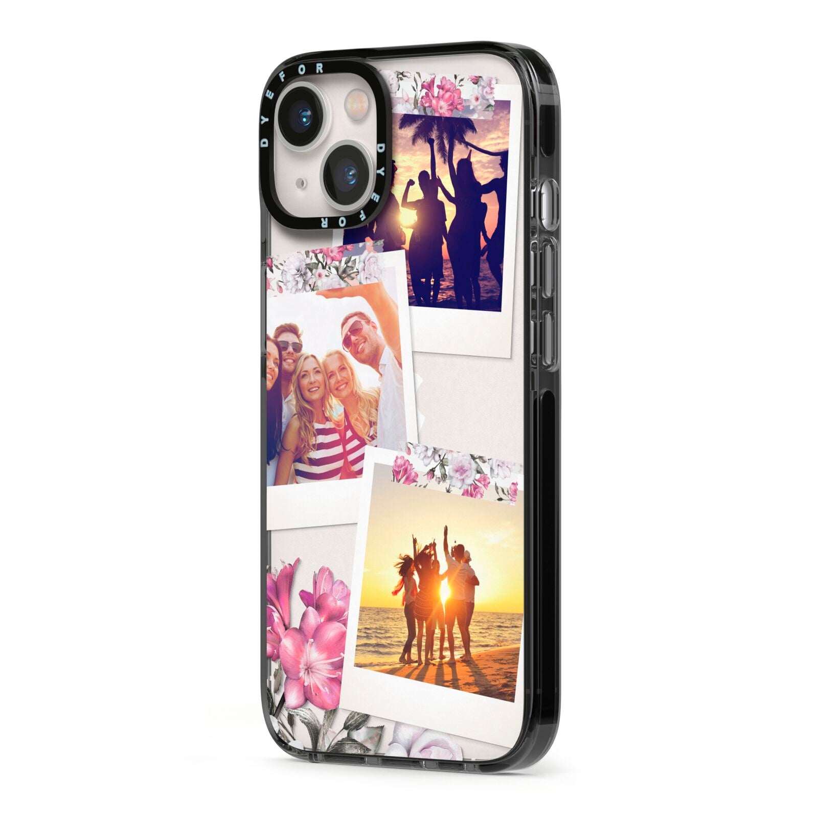 Floral Photo Montage Upload iPhone 13 Black Impact Case Side Angle on Silver phone