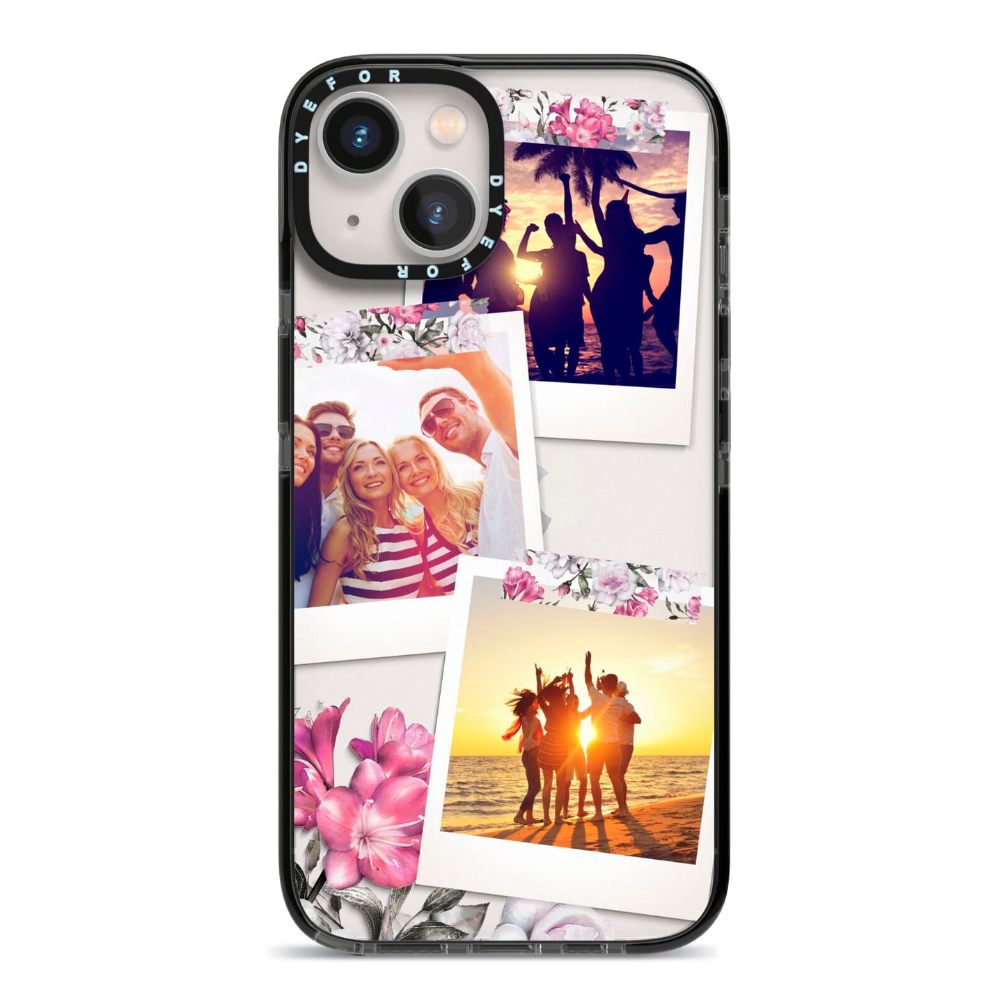 Floral Photo Montage Upload iPhone 13 Black Impact Case on Silver phone
