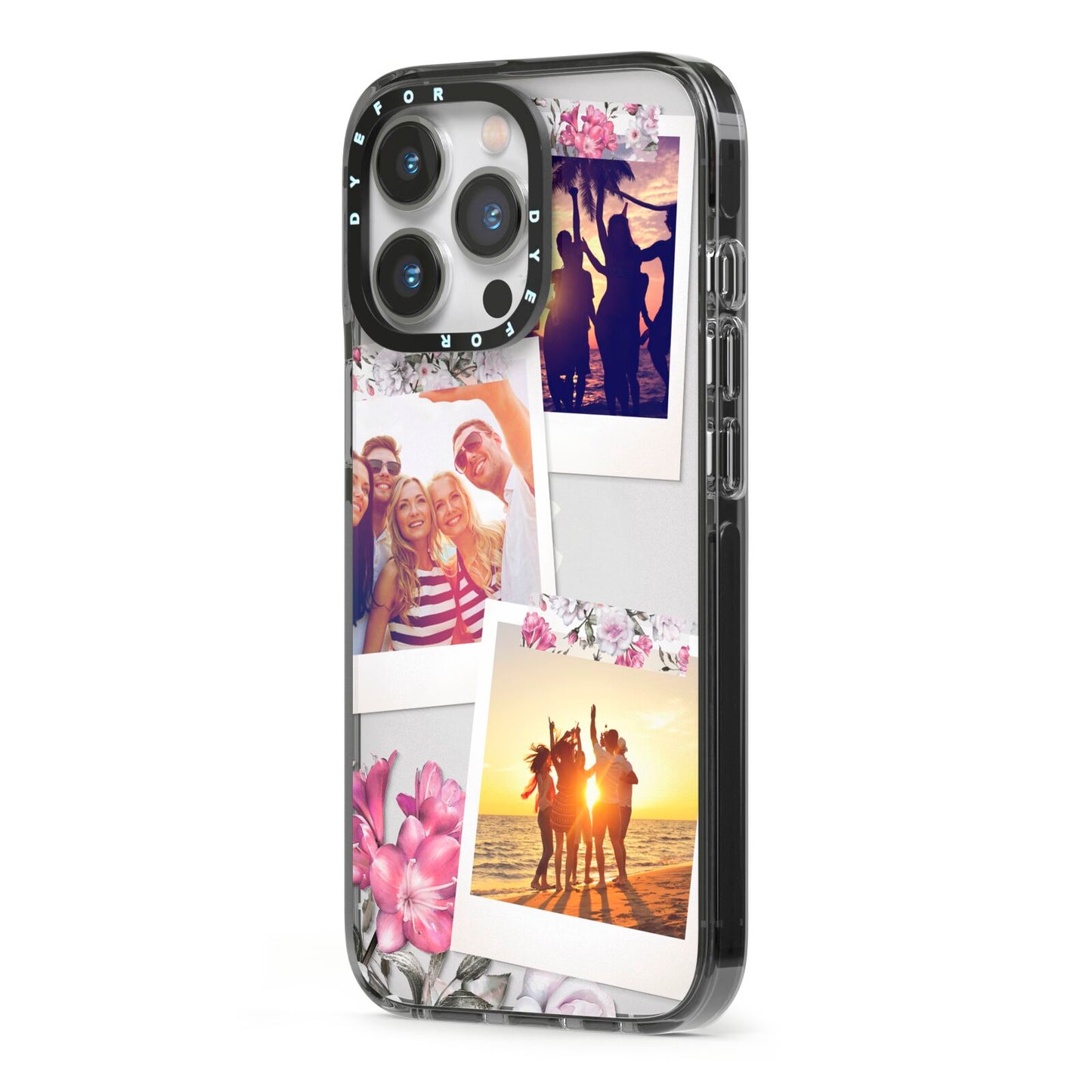 Floral Photo Montage Upload iPhone 13 Pro Black Impact Case Side Angle on Silver phone