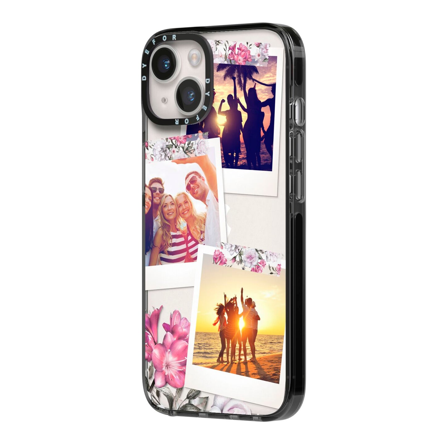Floral Photo Montage Upload iPhone 14 Black Impact Case Side Angle on Silver phone