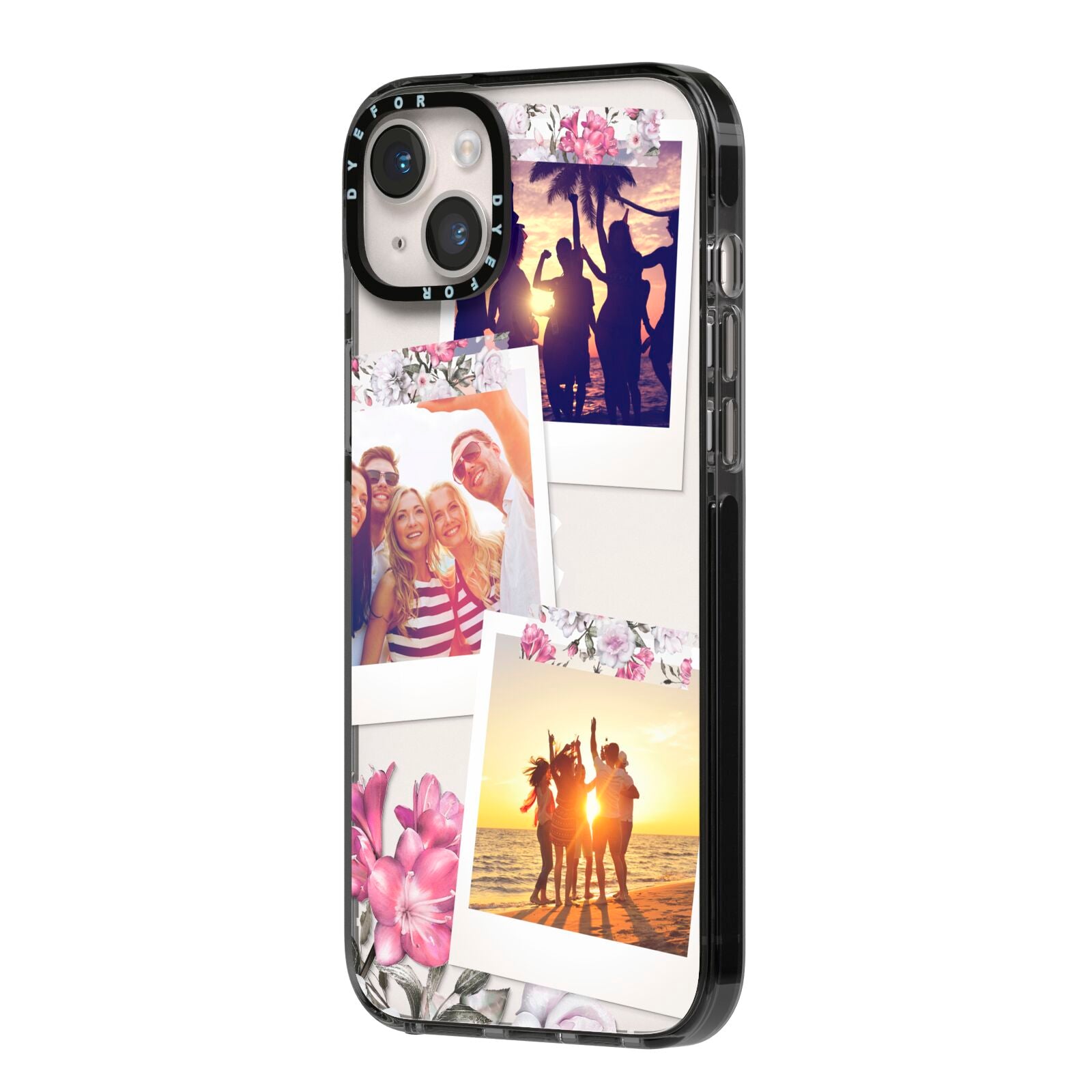 Floral Photo Montage Upload iPhone 14 Plus Black Impact Case Side Angle on Silver phone