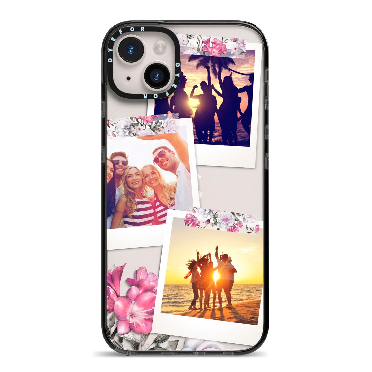Floral Photo Montage Upload iPhone 14 Plus Black Impact Case on Silver phone