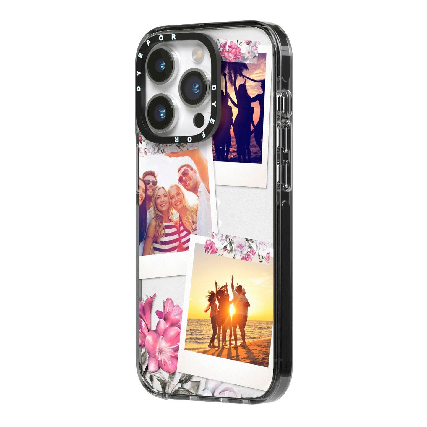 Floral Photo Montage Upload iPhone 14 Pro Black Impact Case Side Angle on Silver phone