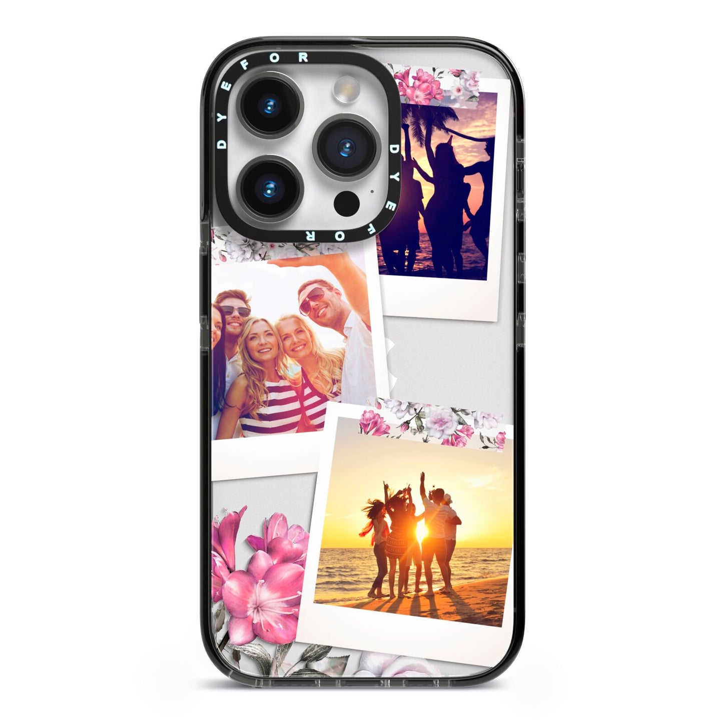 Floral Photo Montage Upload iPhone 14 Pro Black Impact Case on Silver phone