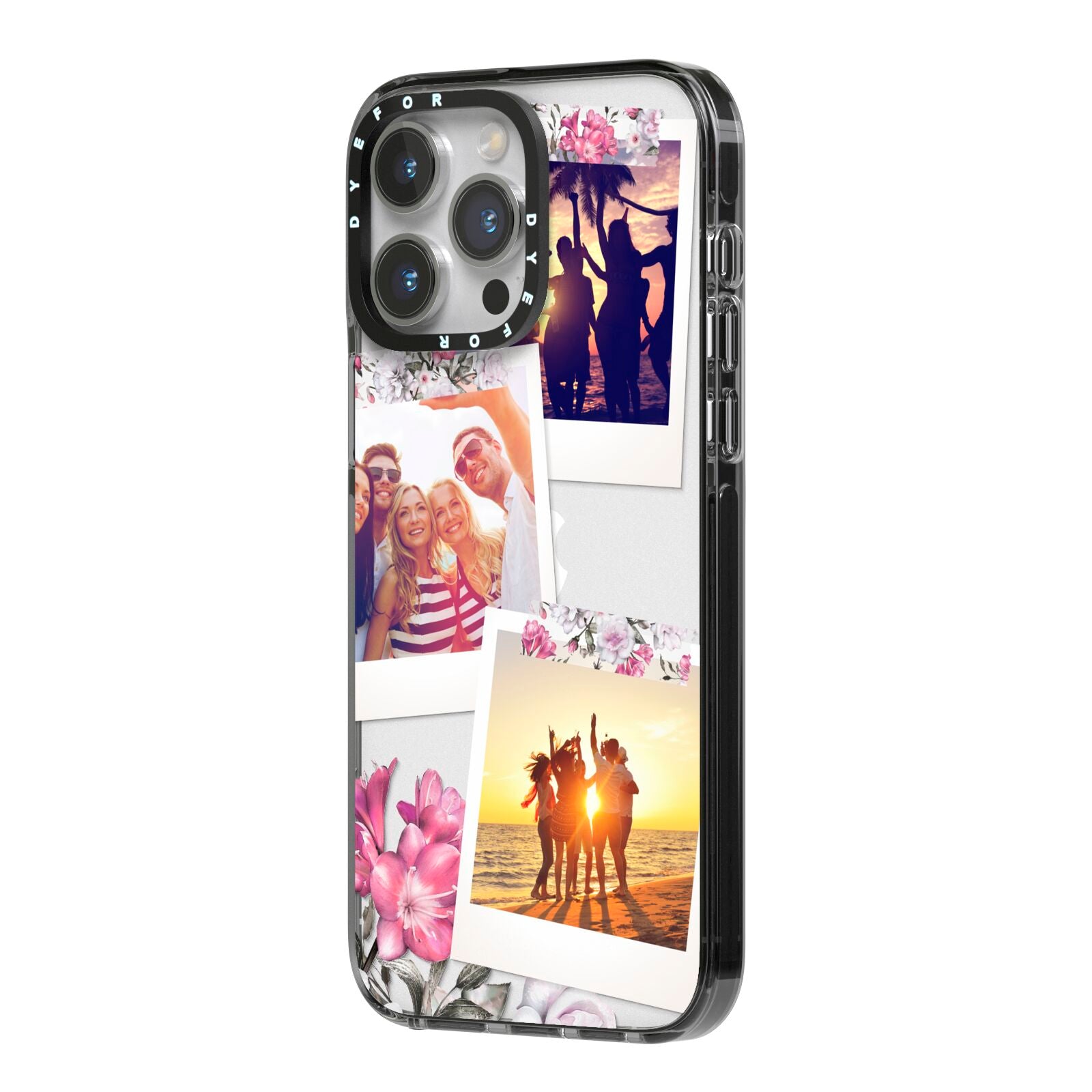 Floral Photo Montage Upload iPhone 14 Pro Max Black Impact Case Side Angle on Silver phone