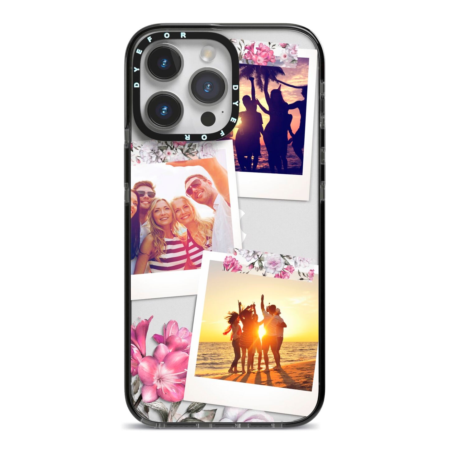 Floral Photo Montage Upload iPhone 14 Pro Max Black Impact Case on Silver phone