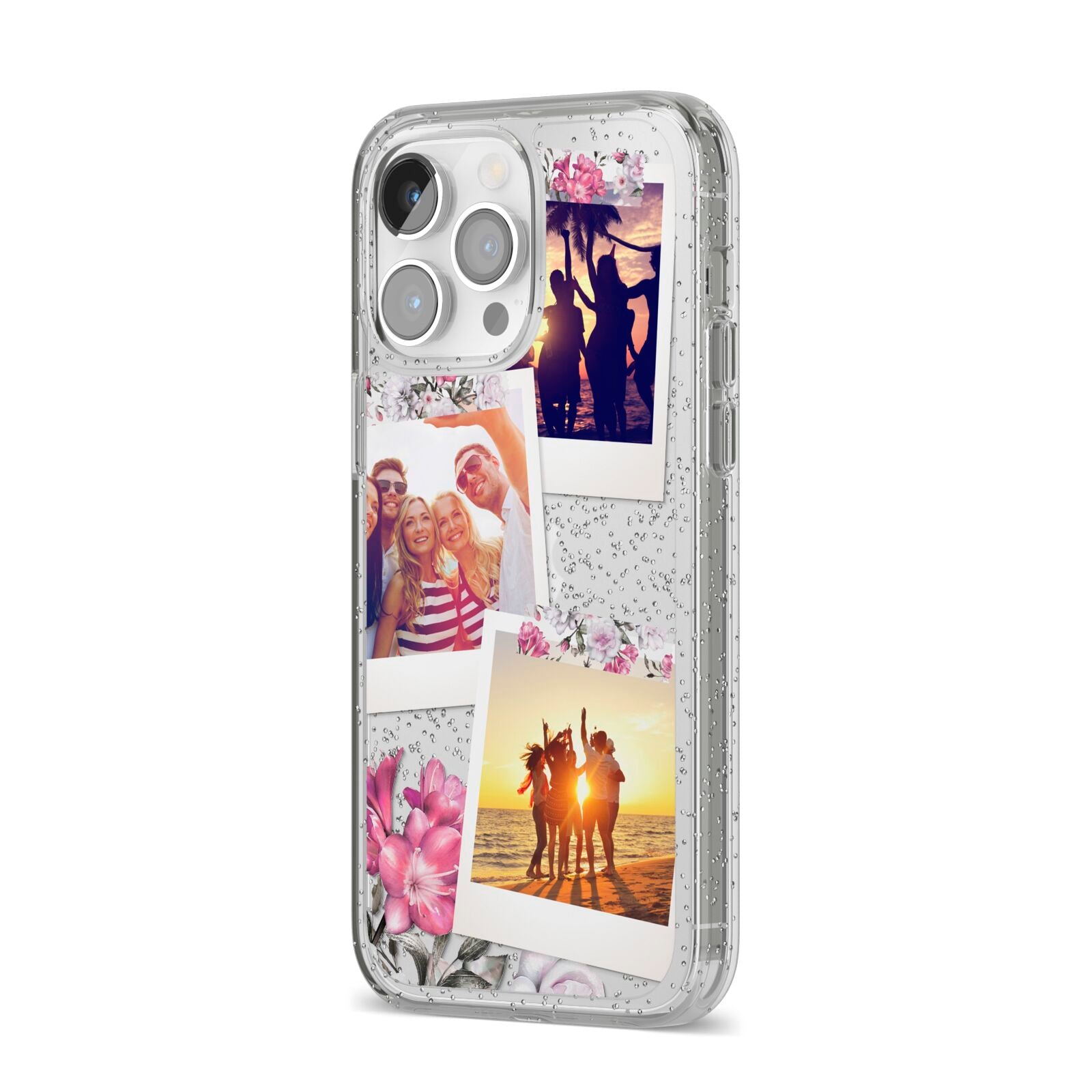 Floral Photo Montage Upload iPhone 14 Pro Max Glitter Tough Case Silver Angled Image