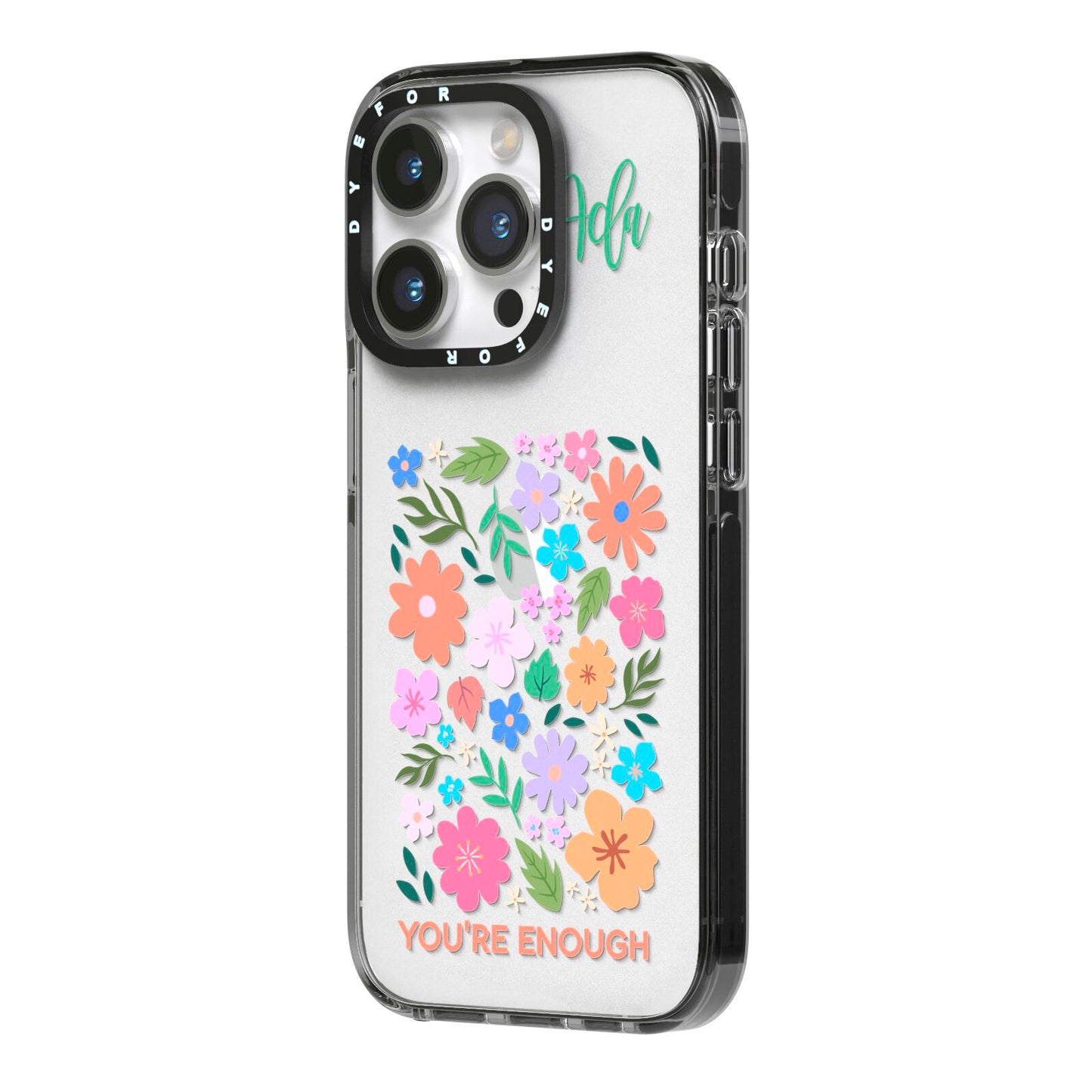Floral Poster iPhone 14 Pro Black Impact Case Side Angle on Silver phone