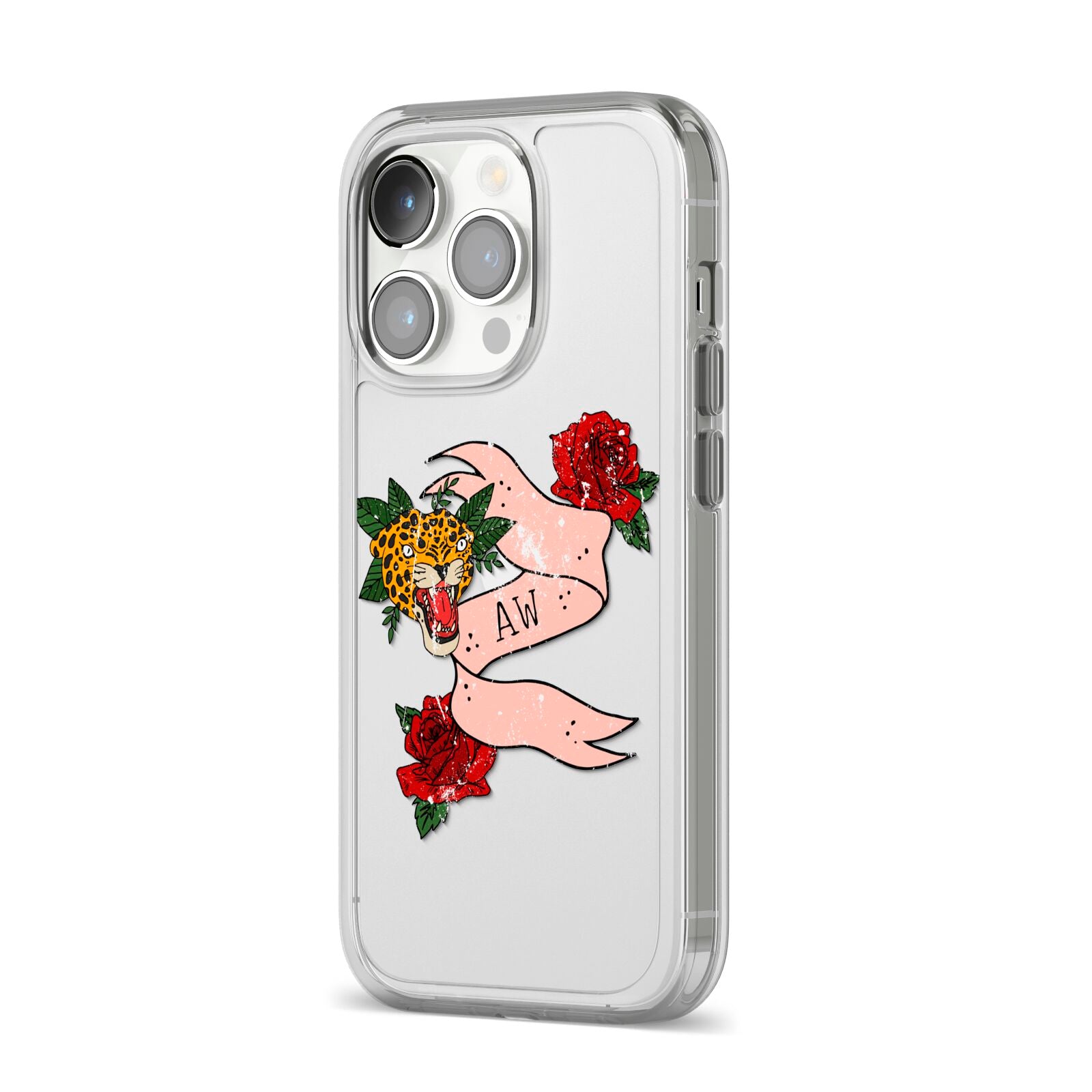 Floral Scroll Custom iPhone 14 Pro Clear Tough Case Silver Angled Image
