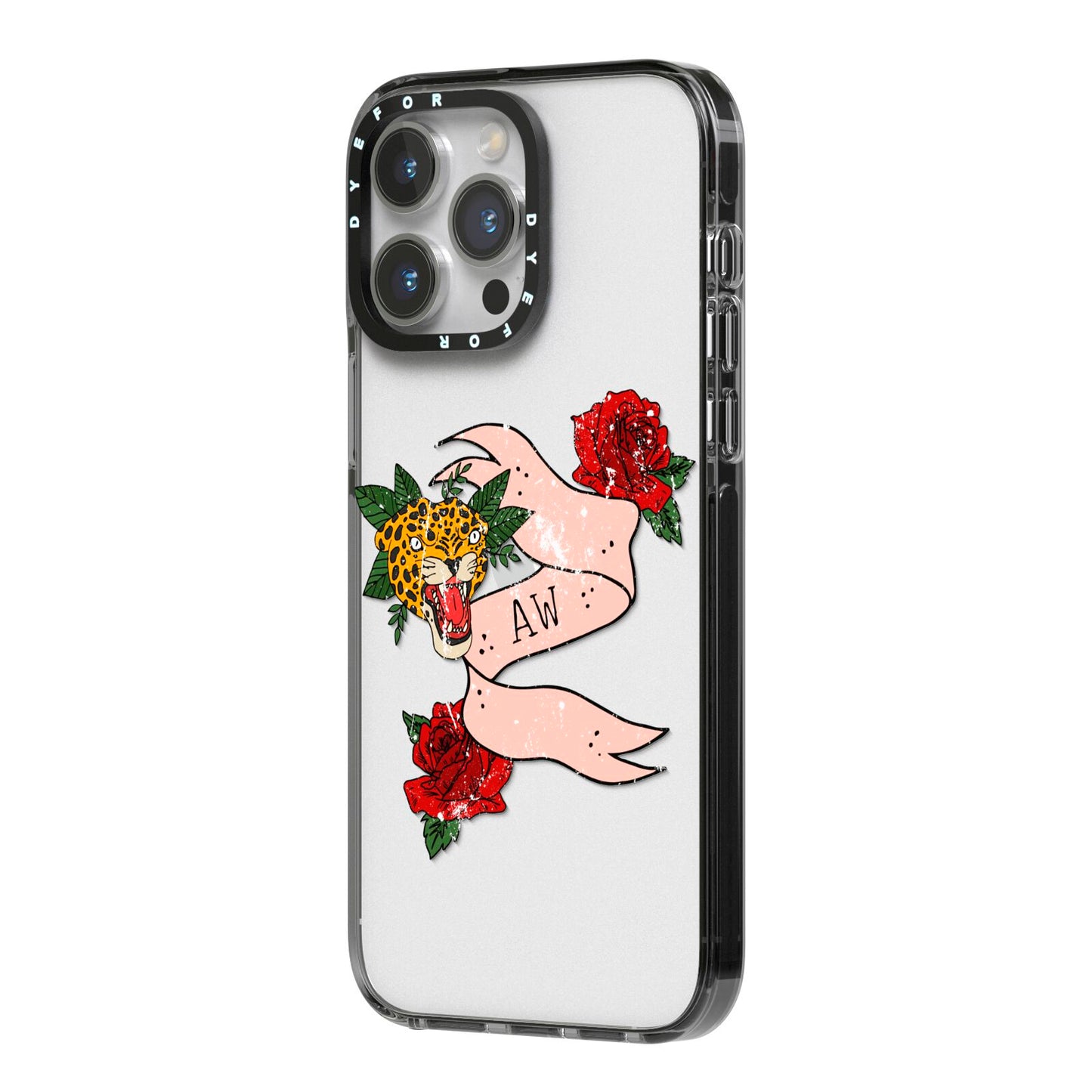 Floral Scroll Custom iPhone 14 Pro Max Black Impact Case Side Angle on Silver phone