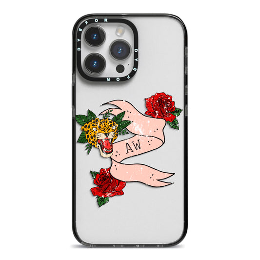Floral Scroll Custom iPhone 14 Pro Max Black Impact Case on Silver phone