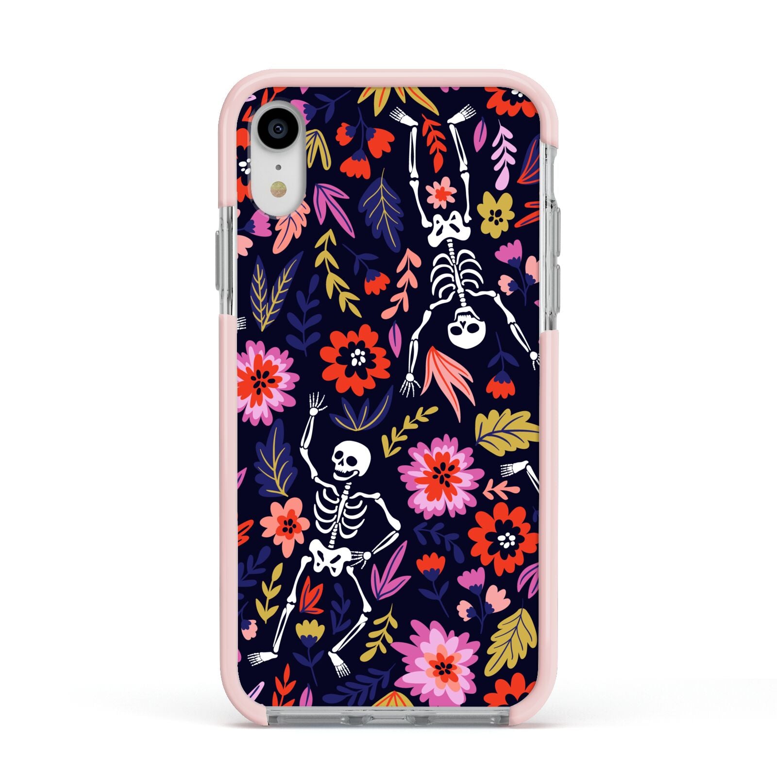 Floral Skeleton Apple iPhone XR Impact Case Pink Edge on Silver Phone