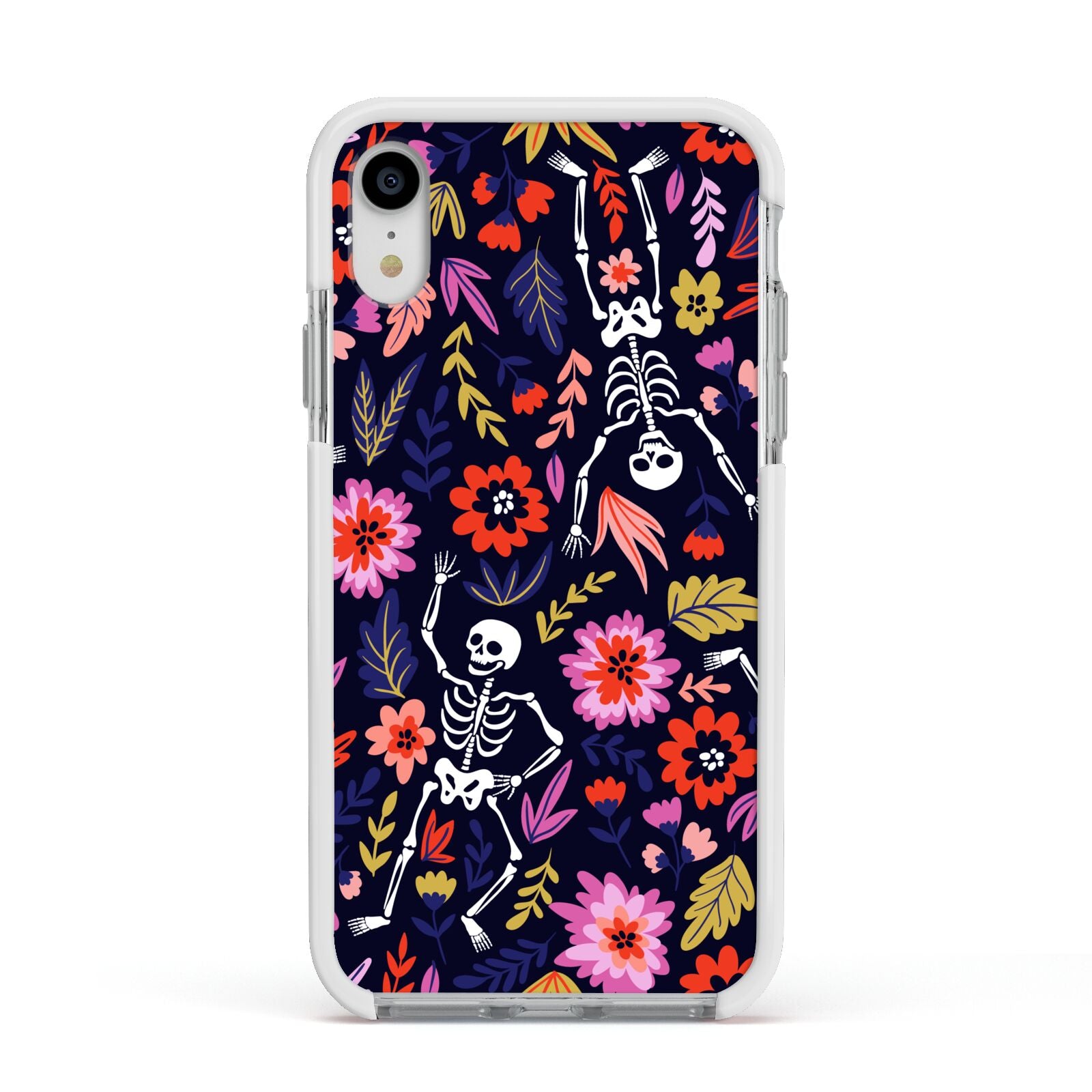 Floral Skeleton Apple iPhone XR Impact Case White Edge on Silver Phone
