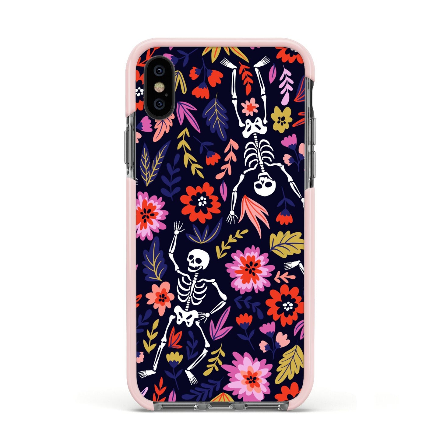 Floral Skeleton Apple iPhone Xs Impact Case Pink Edge on Black Phone