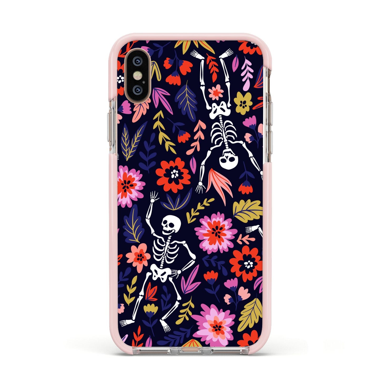 Floral Skeleton Apple iPhone Xs Impact Case Pink Edge on Gold Phone