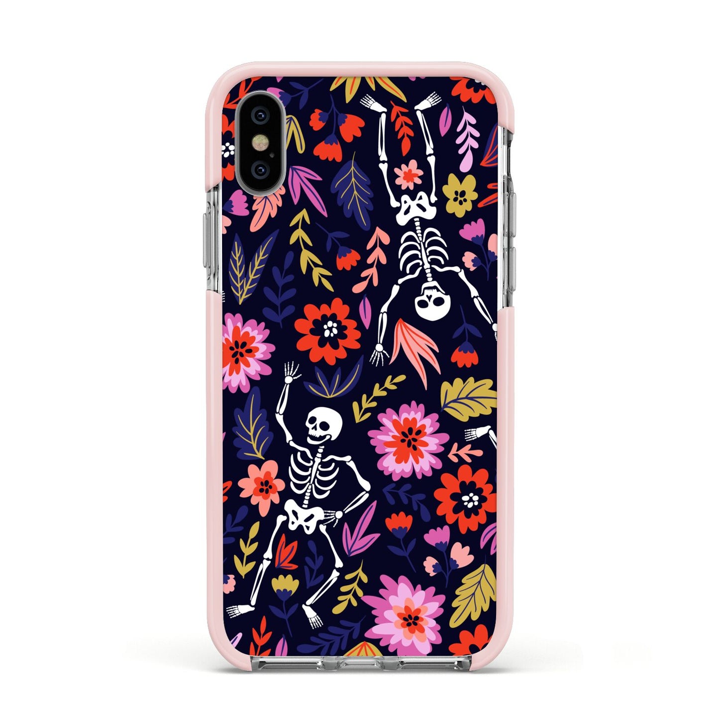Floral Skeleton Apple iPhone Xs Impact Case Pink Edge on Silver Phone