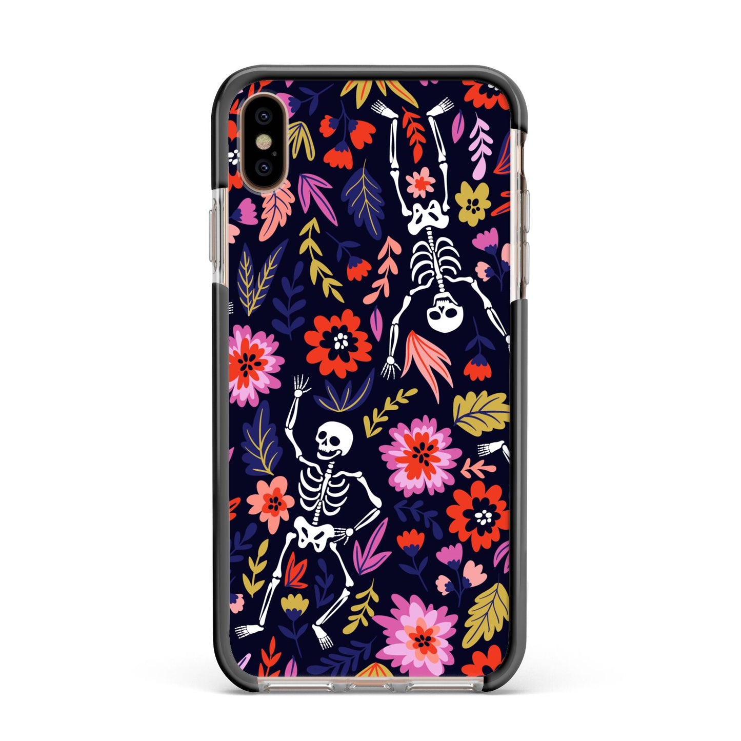 Floral Skeleton Apple iPhone Xs Max Impact Case Black Edge on Gold Phone