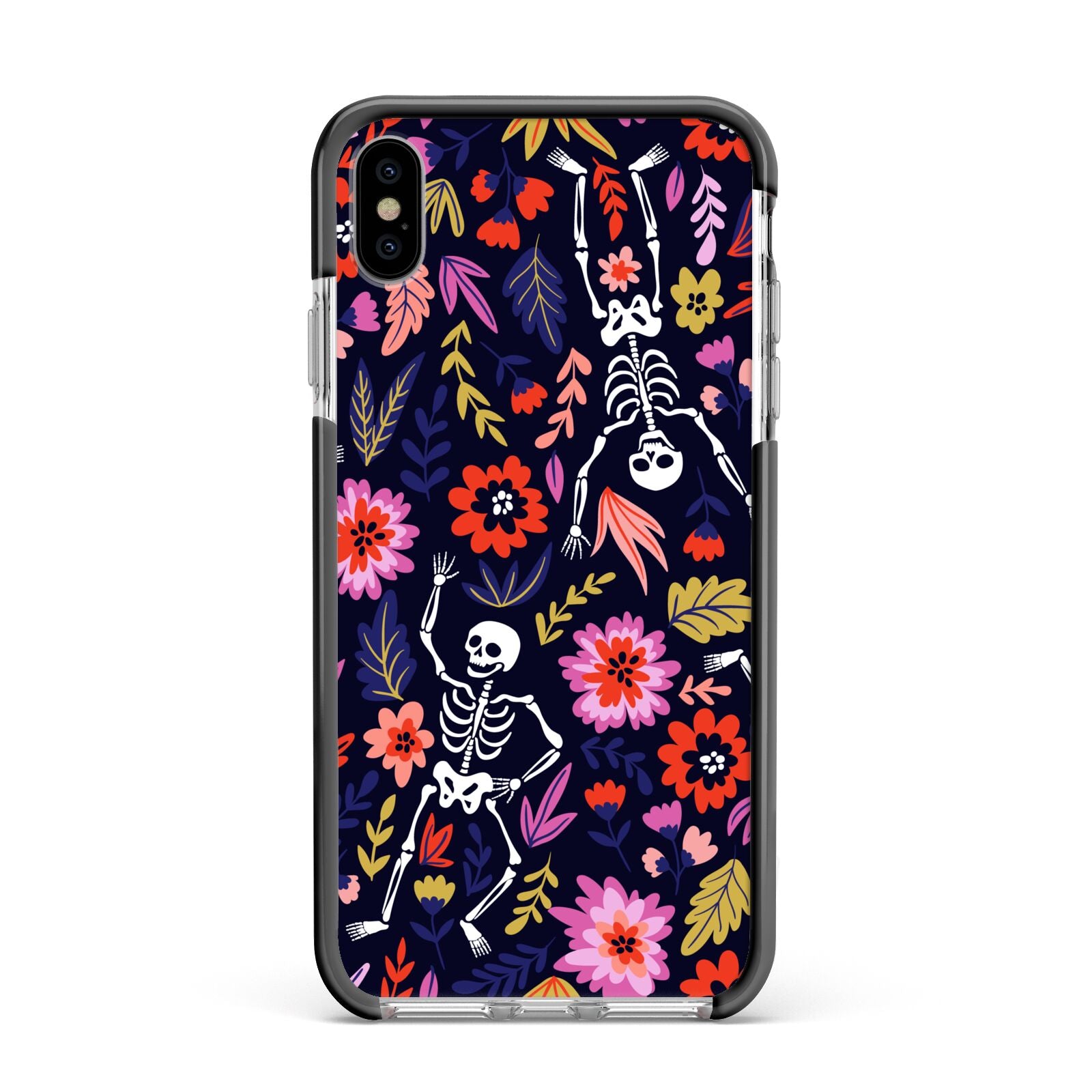 Floral Skeleton Apple iPhone Xs Max Impact Case Black Edge on Silver Phone