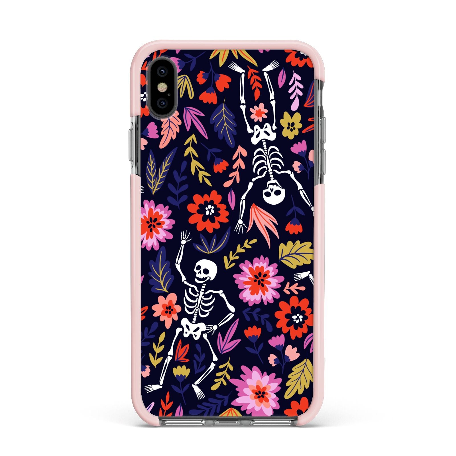 Floral Skeleton Apple iPhone Xs Max Impact Case Pink Edge on Black Phone