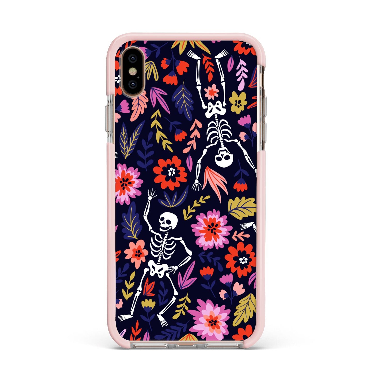 Floral Skeleton Apple iPhone Xs Max Impact Case Pink Edge on Gold Phone