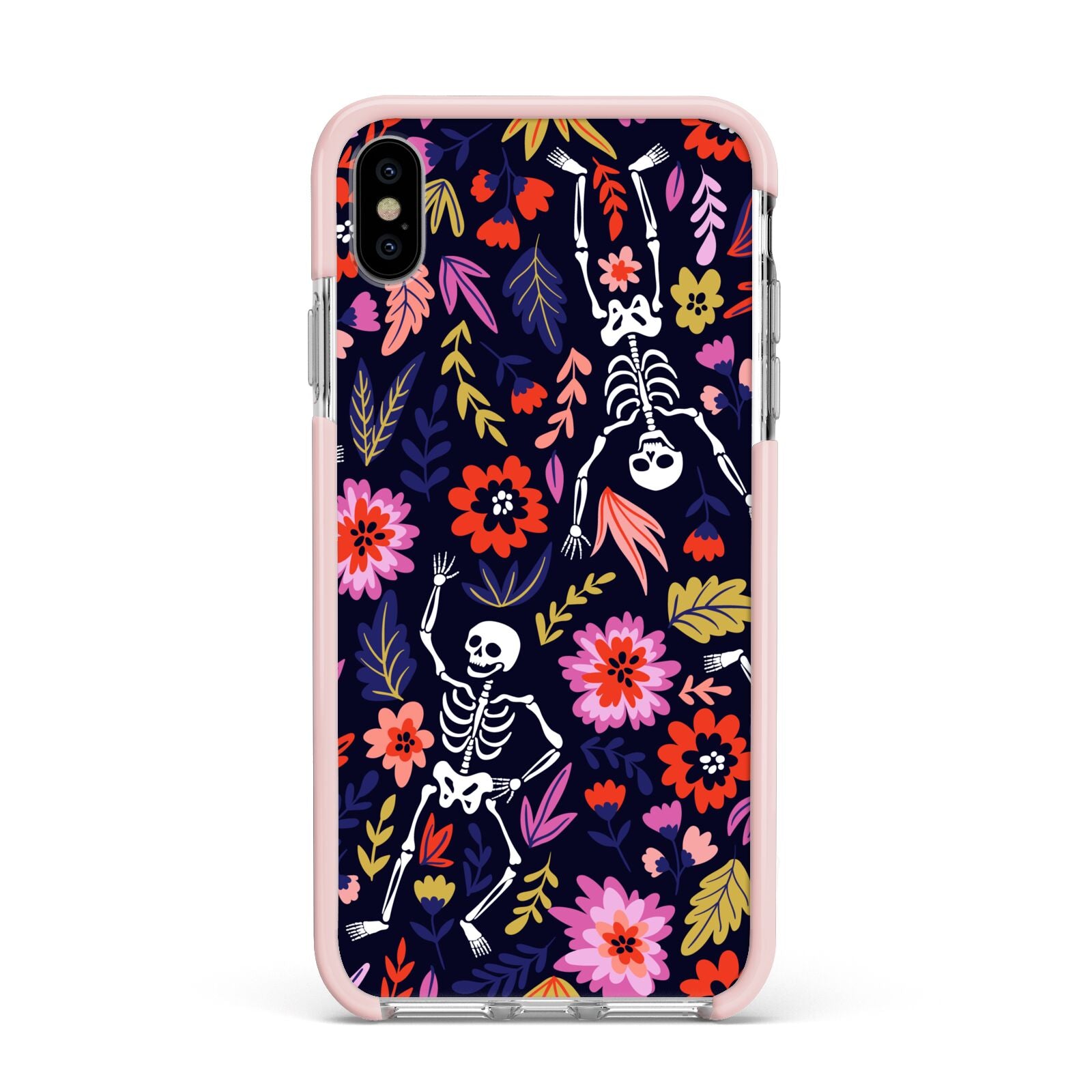 Floral Skeleton Apple iPhone Xs Max Impact Case Pink Edge on Silver Phone