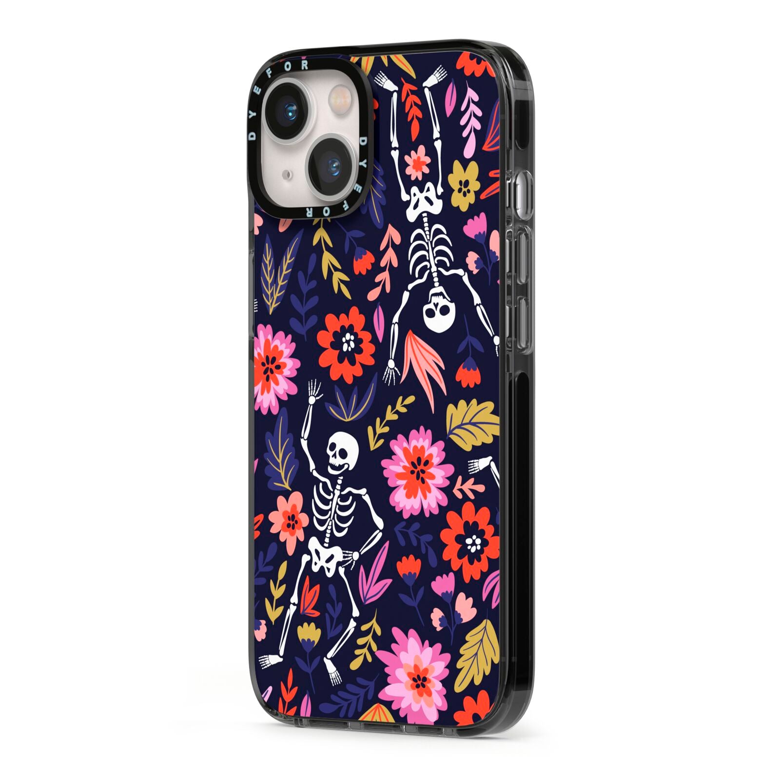 Floral Skeleton iPhone 13 Black Impact Case Side Angle on Silver phone