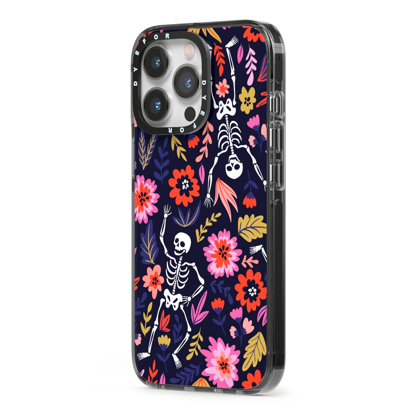 Floral Skeleton iPhone 13 Pro Black Impact Case Side Angle on Silver phone