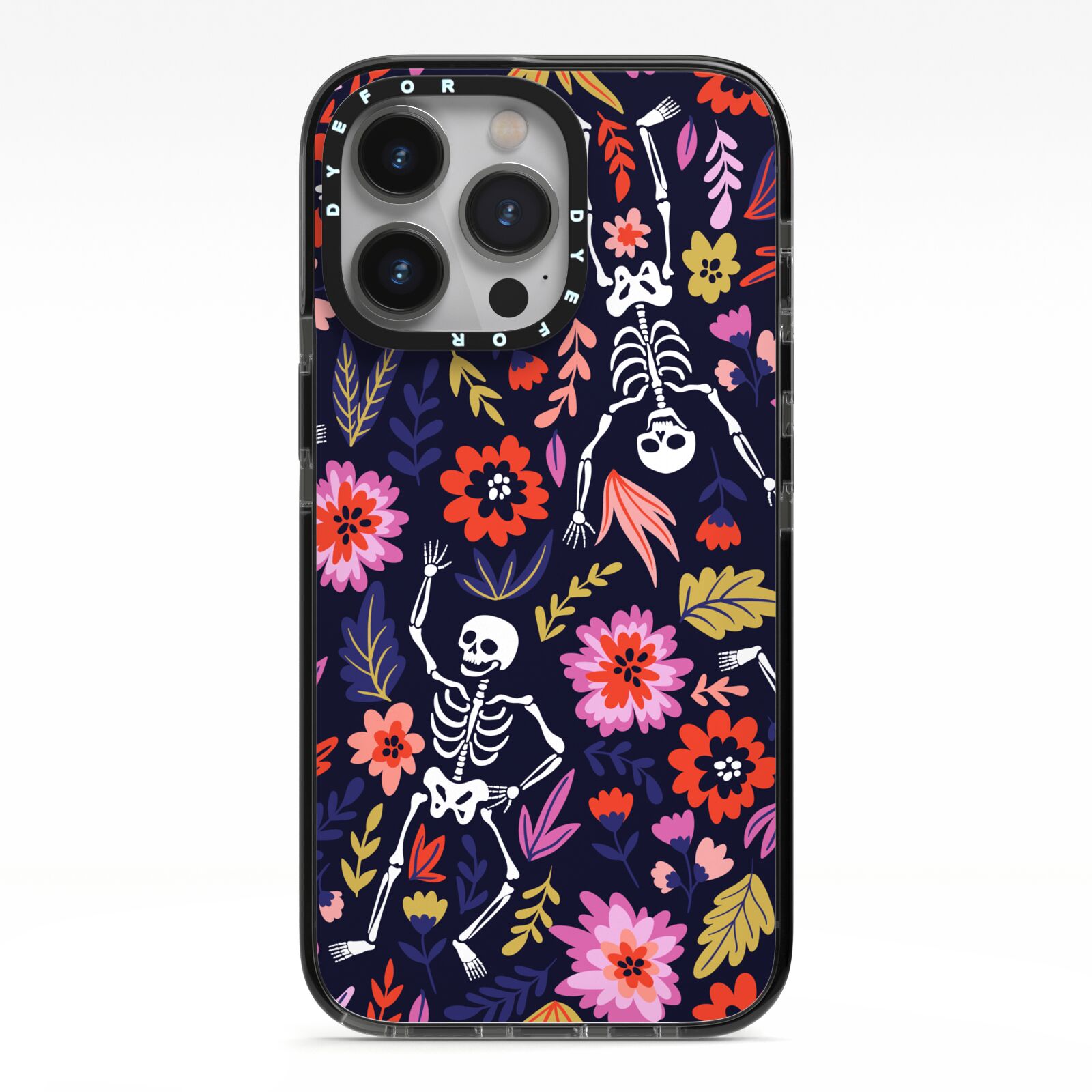 Floral Skeleton iPhone 13 Pro Black Impact Case on Silver phone