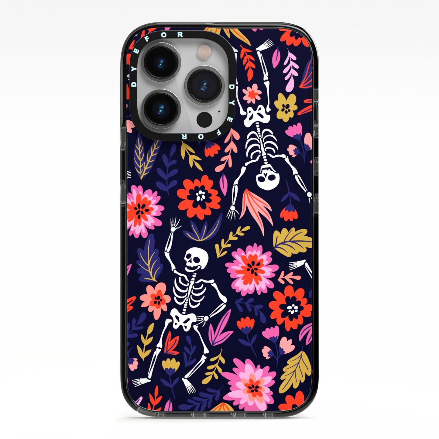 Floral Skeleton iPhone 13 Pro Black Impact Case on Silver phone