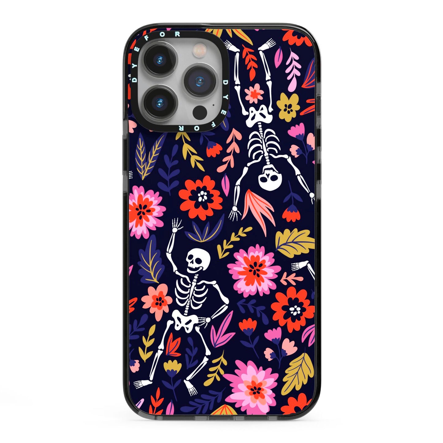 Floral Skeleton iPhone 13 Pro Max Black Impact Case on Silver phone