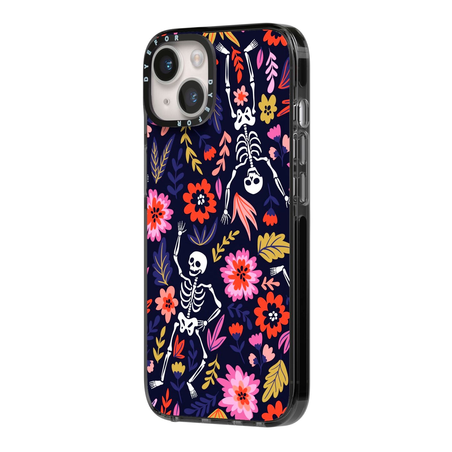 Floral Skeleton iPhone 14 Black Impact Case Side Angle on Silver phone