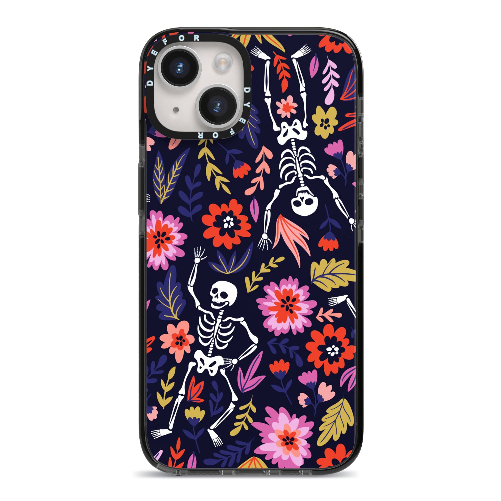 Floral Skeleton iPhone 14 Black Impact Case on Silver phone
