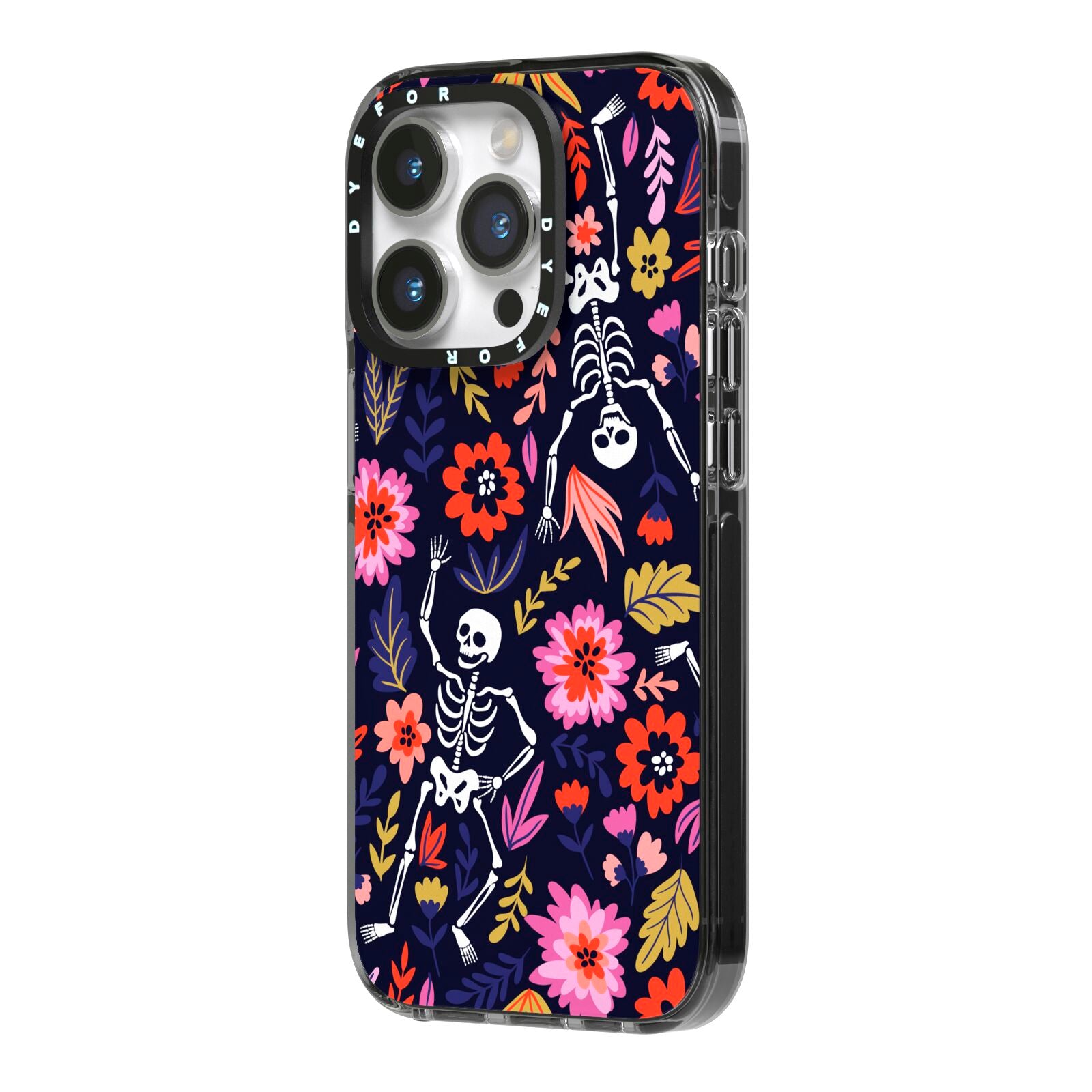 Floral Skeleton iPhone 14 Pro Black Impact Case Side Angle on Silver phone
