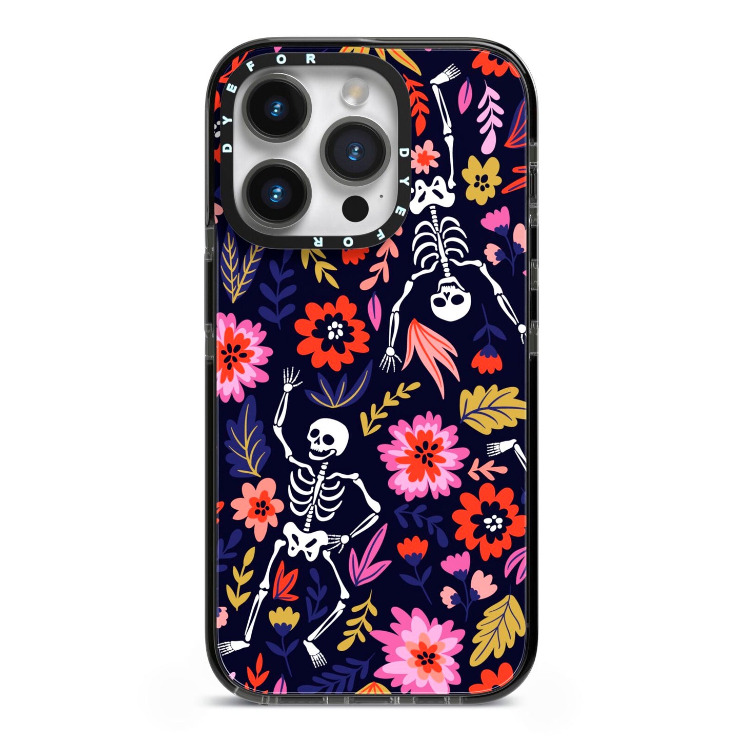 Floral Skeleton iPhone 14 Pro Black Impact Case on Silver phone