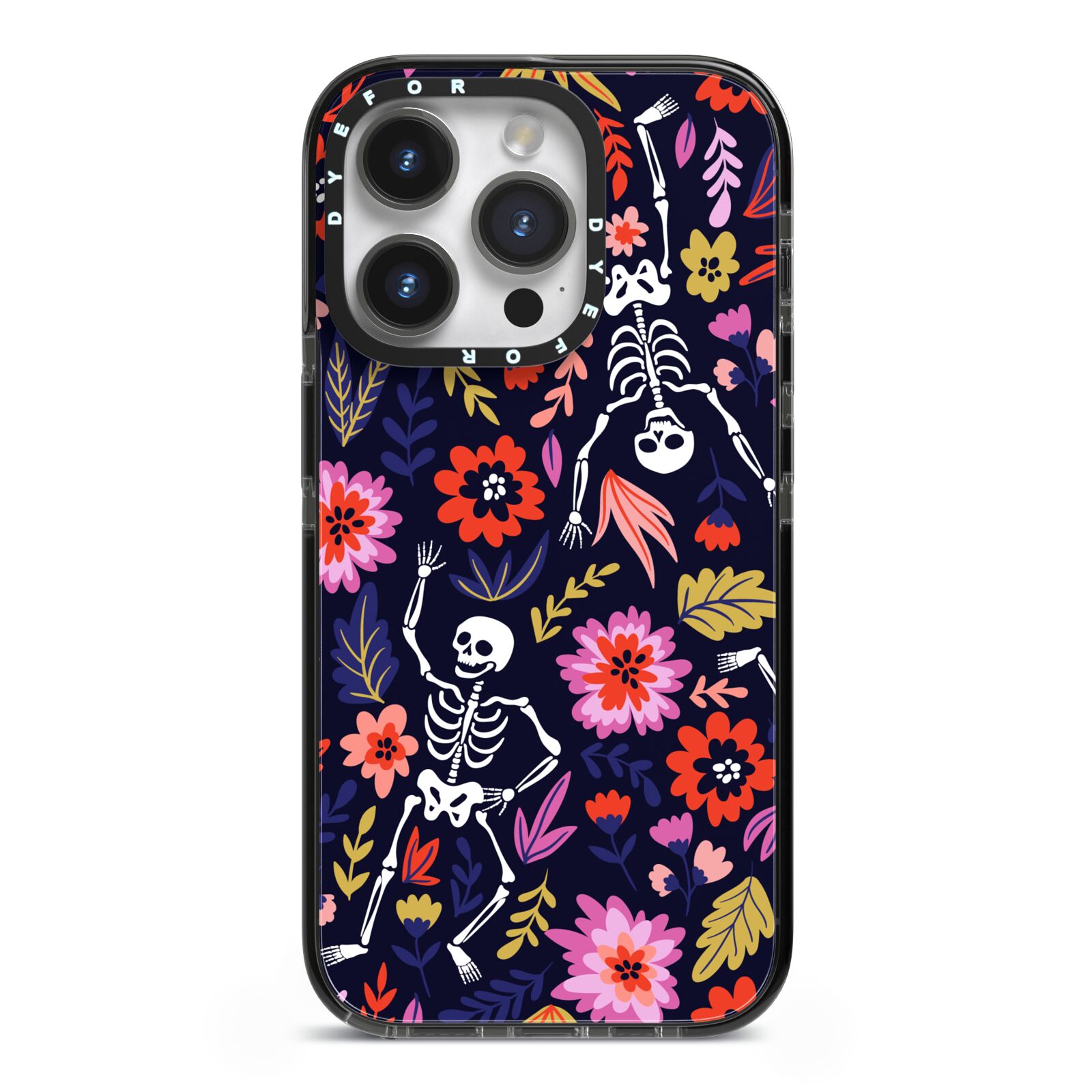 Floral Skeleton iPhone 14 Pro Black Impact Case on Silver phone