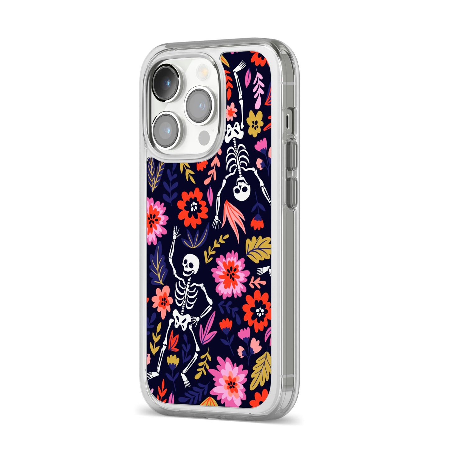 Floral Skeleton iPhone 14 Pro Clear Tough Case Silver Angled Image