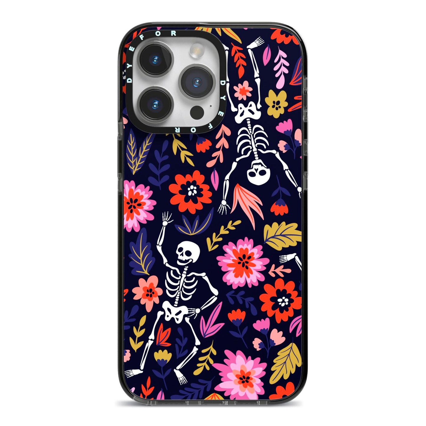 Floral Skeleton iPhone 14 Pro Max Black Impact Case on Silver phone