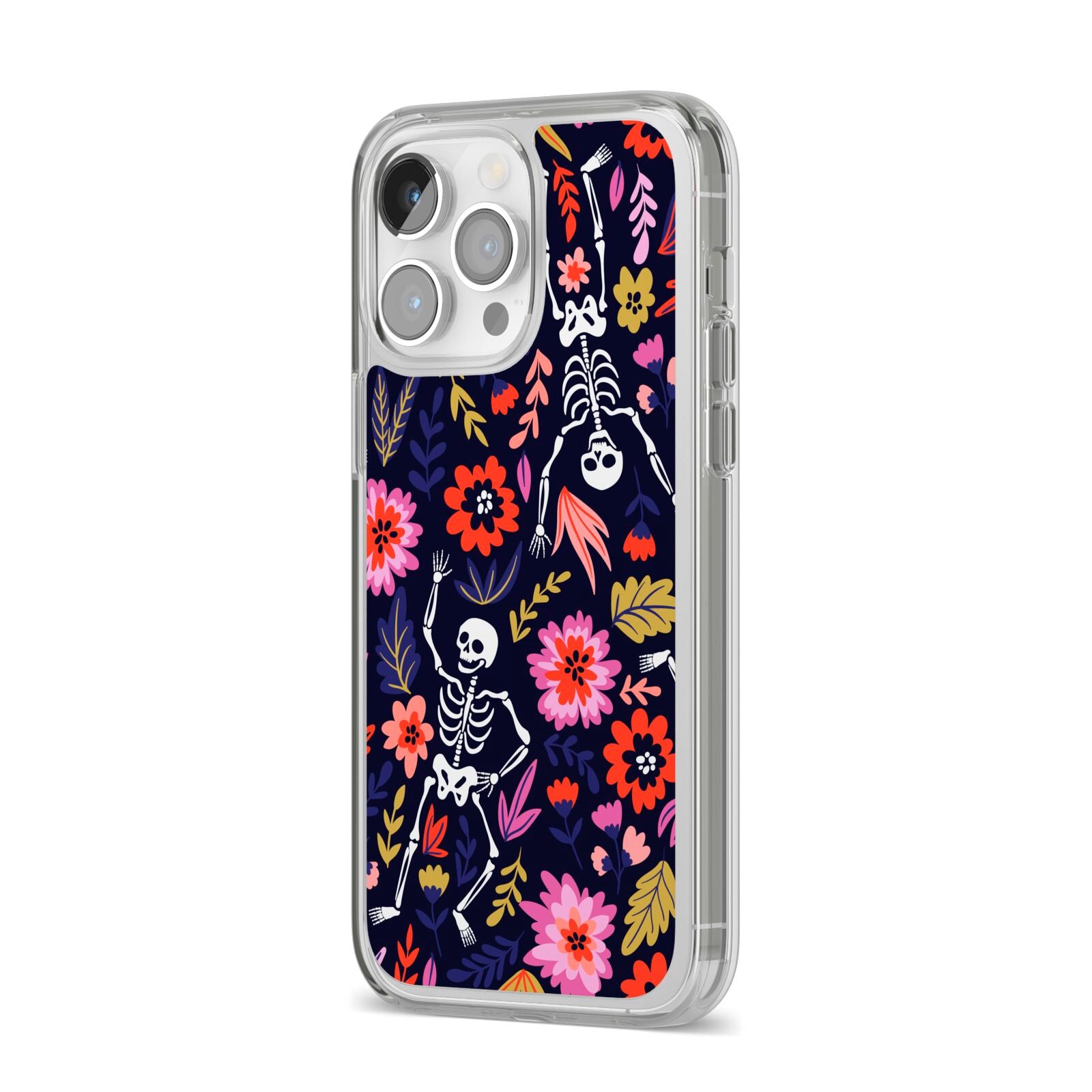 Floral Skeleton iPhone 14 Pro Max Clear Tough Case Silver Angled Image