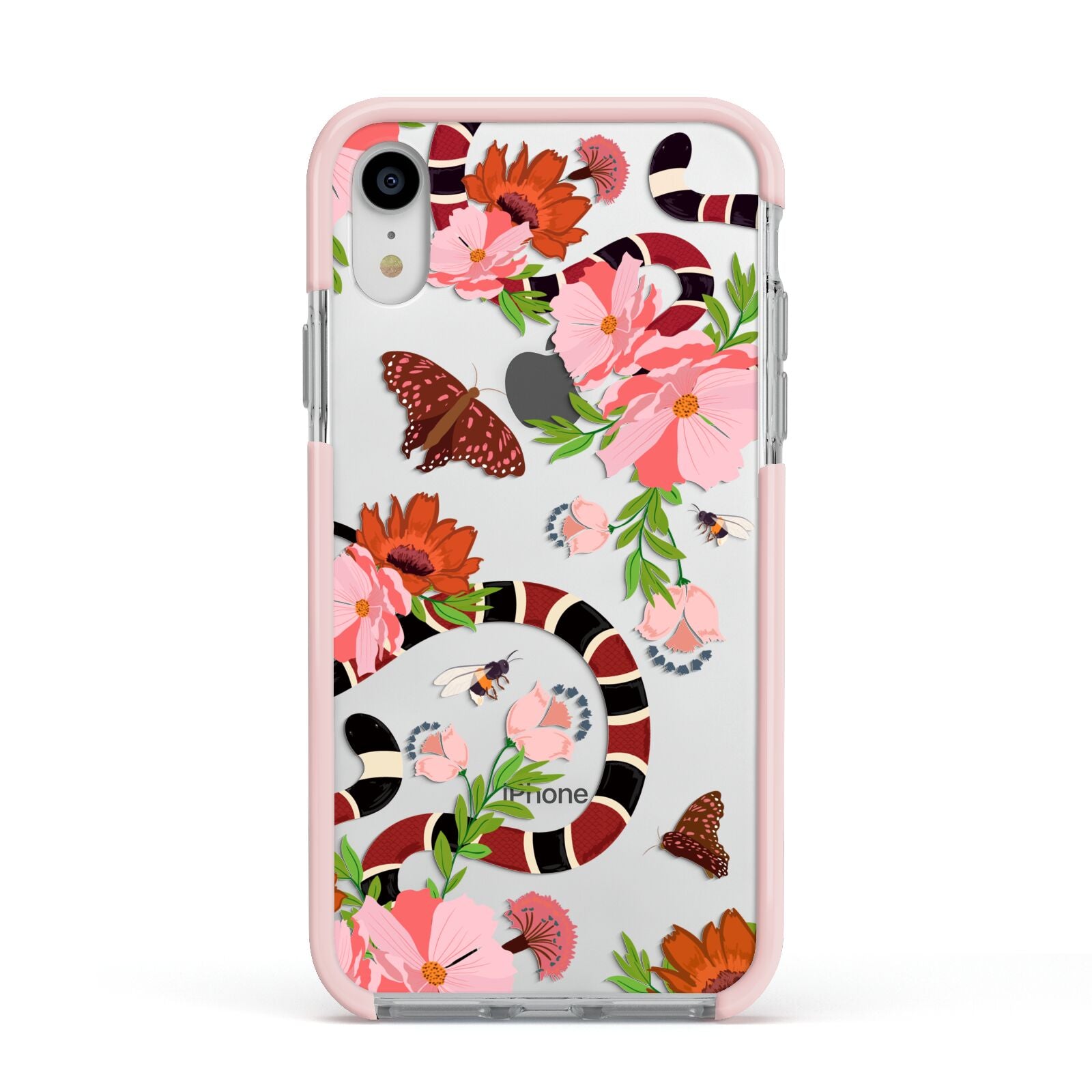 Floral Snake Apple iPhone XR Impact Case Pink Edge on Silver Phone