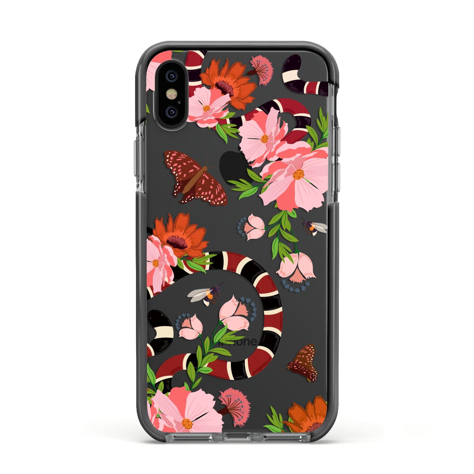 Floral Snake Apple iPhone Xs Impact Case Black Edge on Black Phone