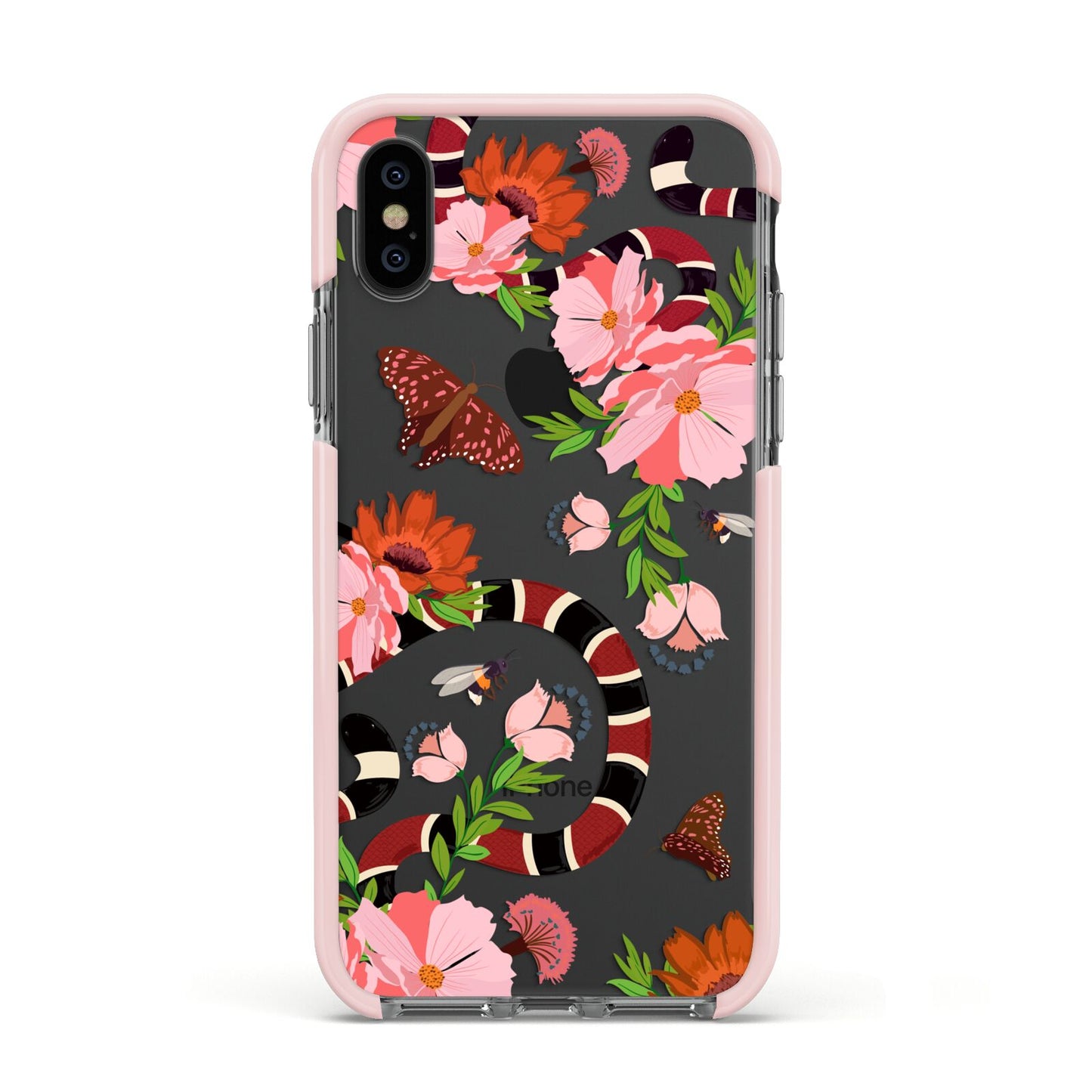 Floral Snake Apple iPhone Xs Impact Case Pink Edge on Black Phone