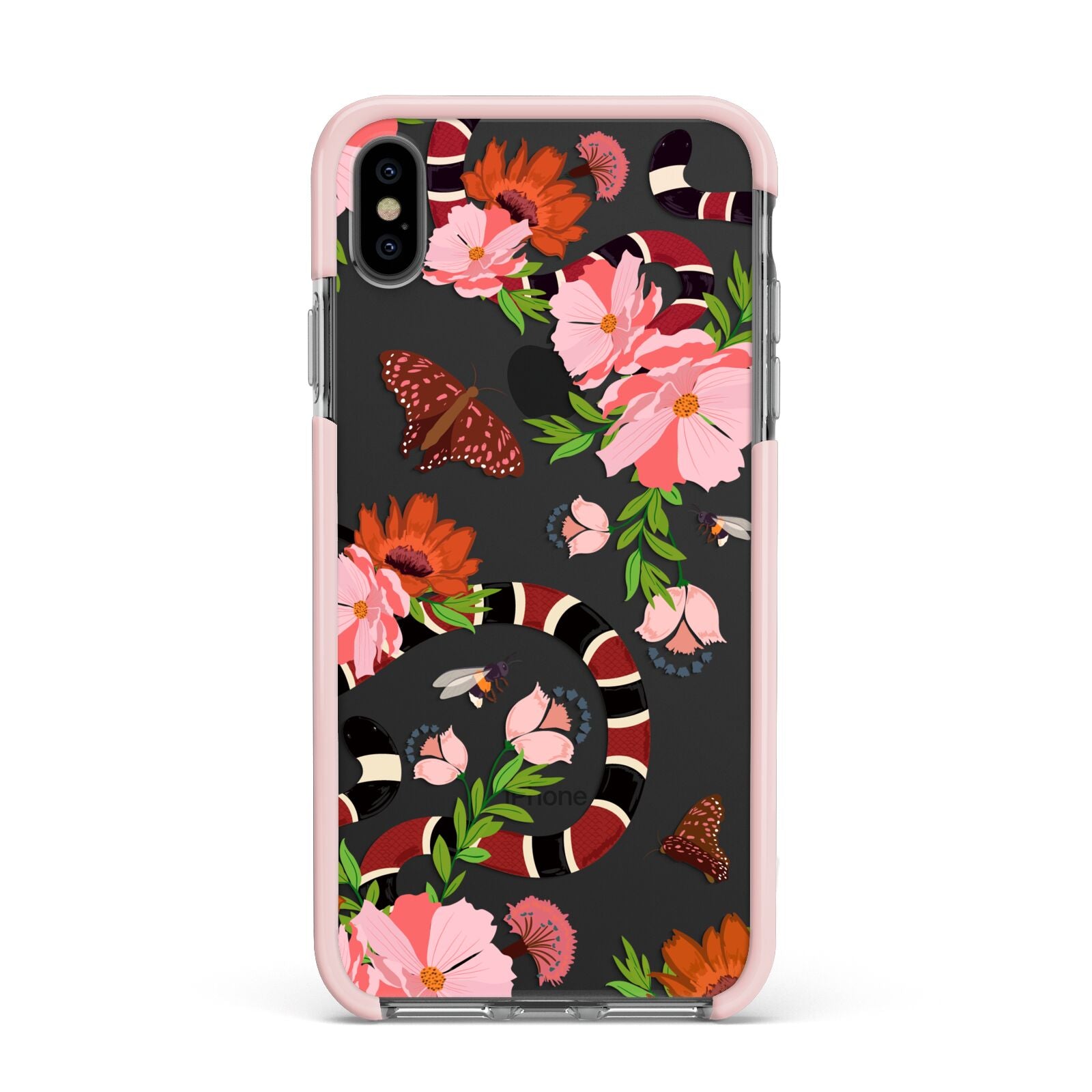 Floral Snake Apple iPhone Xs Max Impact Case Pink Edge on Black Phone